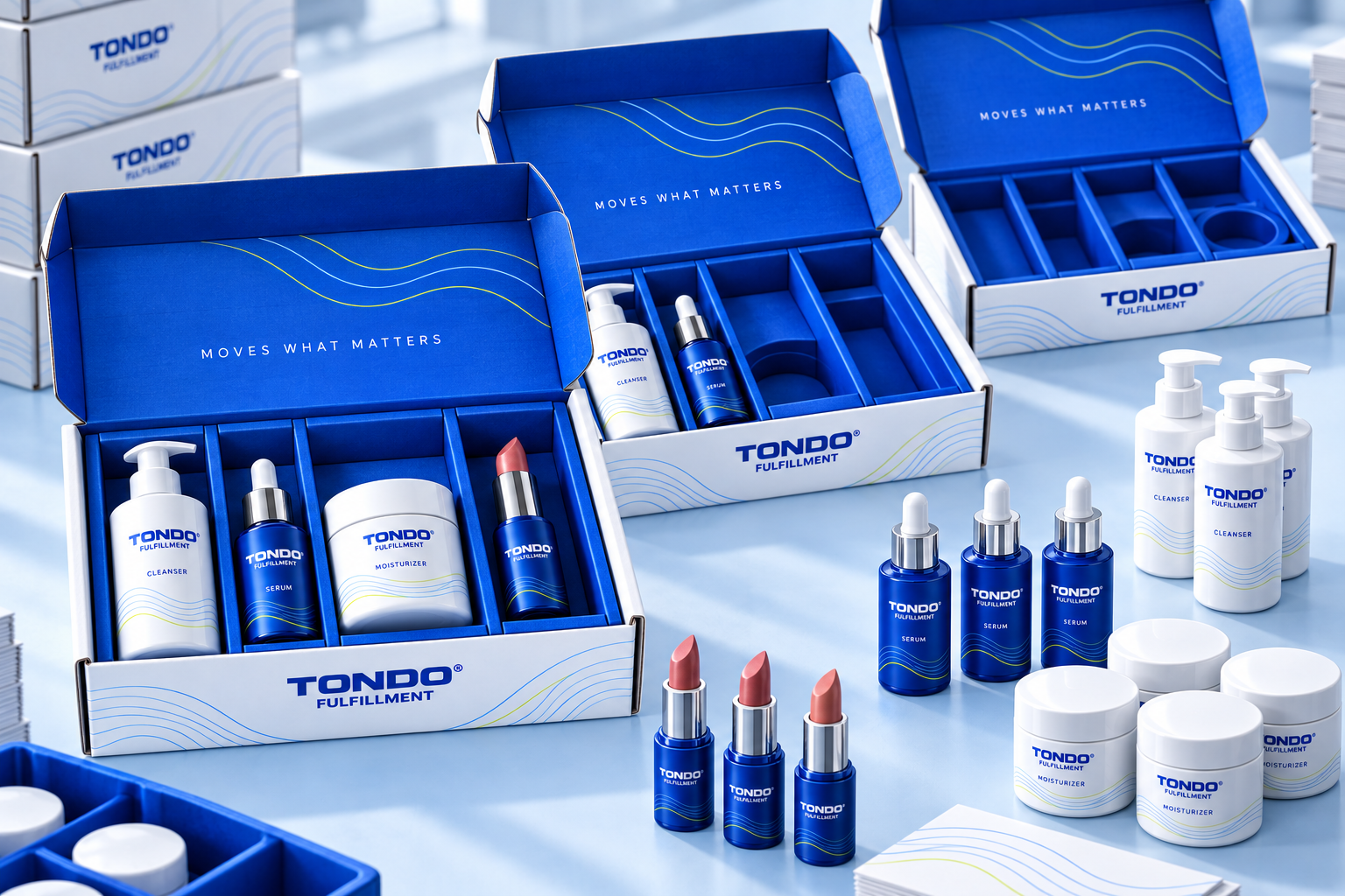 Tondo beauty kits assembled in stages with matching skincare and cosmetics in fitted blue inserts
