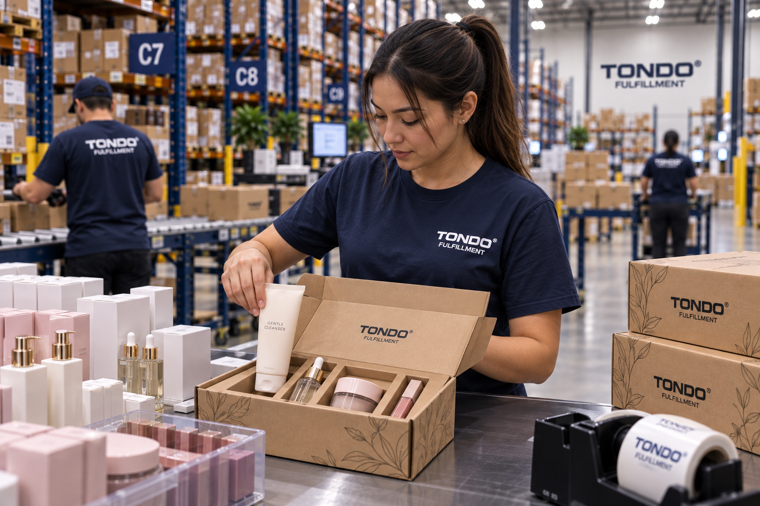 Tondo team member packing a beauty subscription kit with skincare products