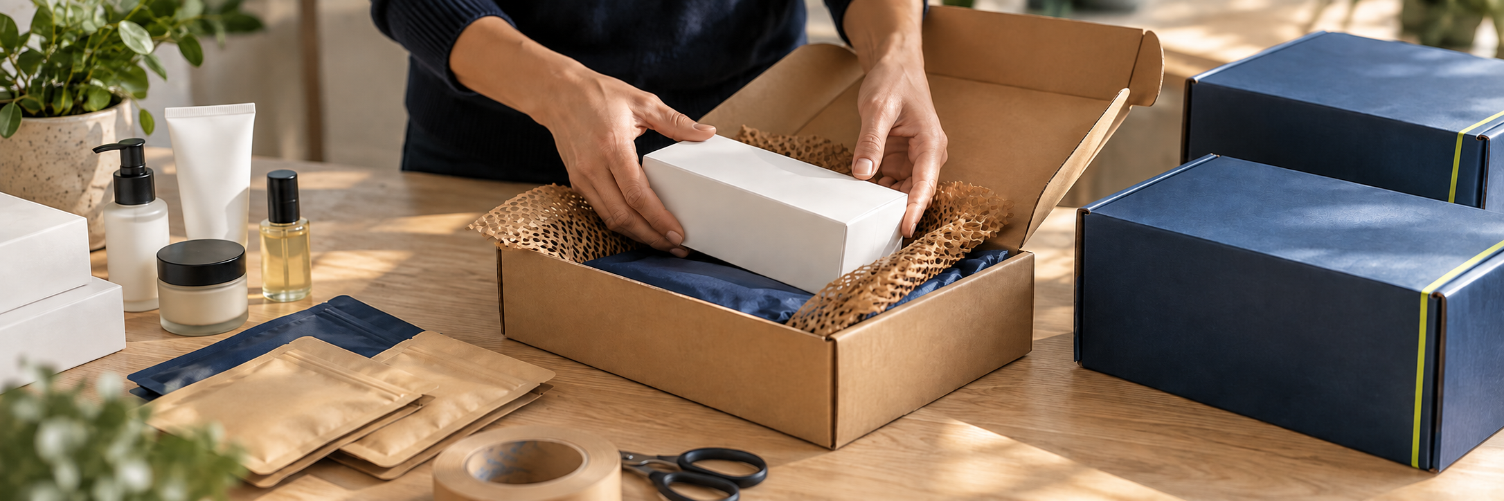 Illustrative ecommerce packing process with products, protective packaging and Tondo shipping boxes