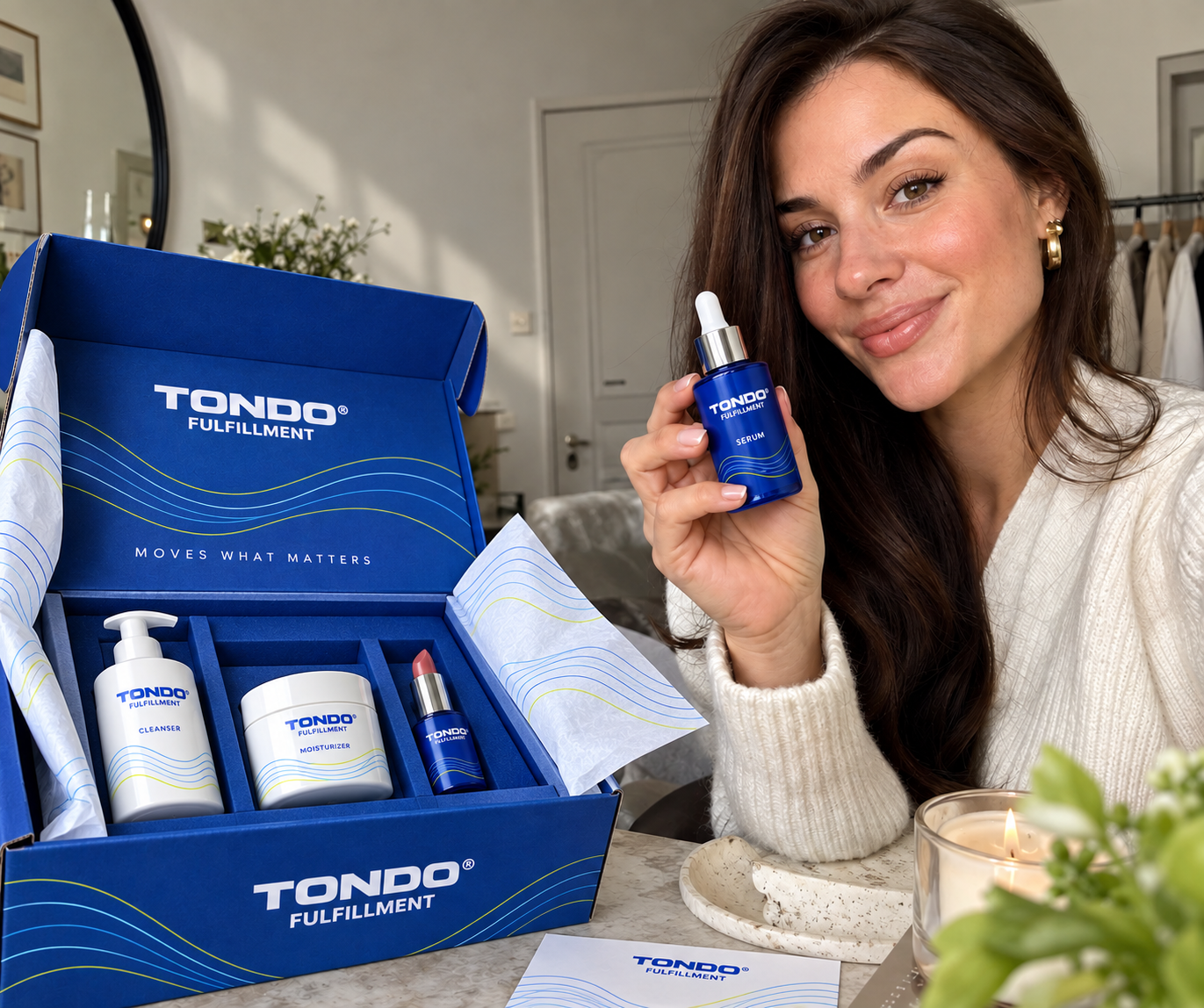 Beauty creator revealing a coordinated Tondo cosmetics PR kit with branded skincare, packaging and inserts