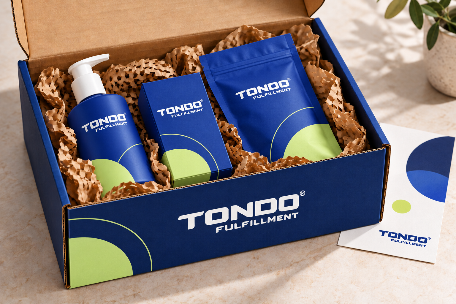 Illustrative Tondo-branded products arranged in a matching box with a printed insert