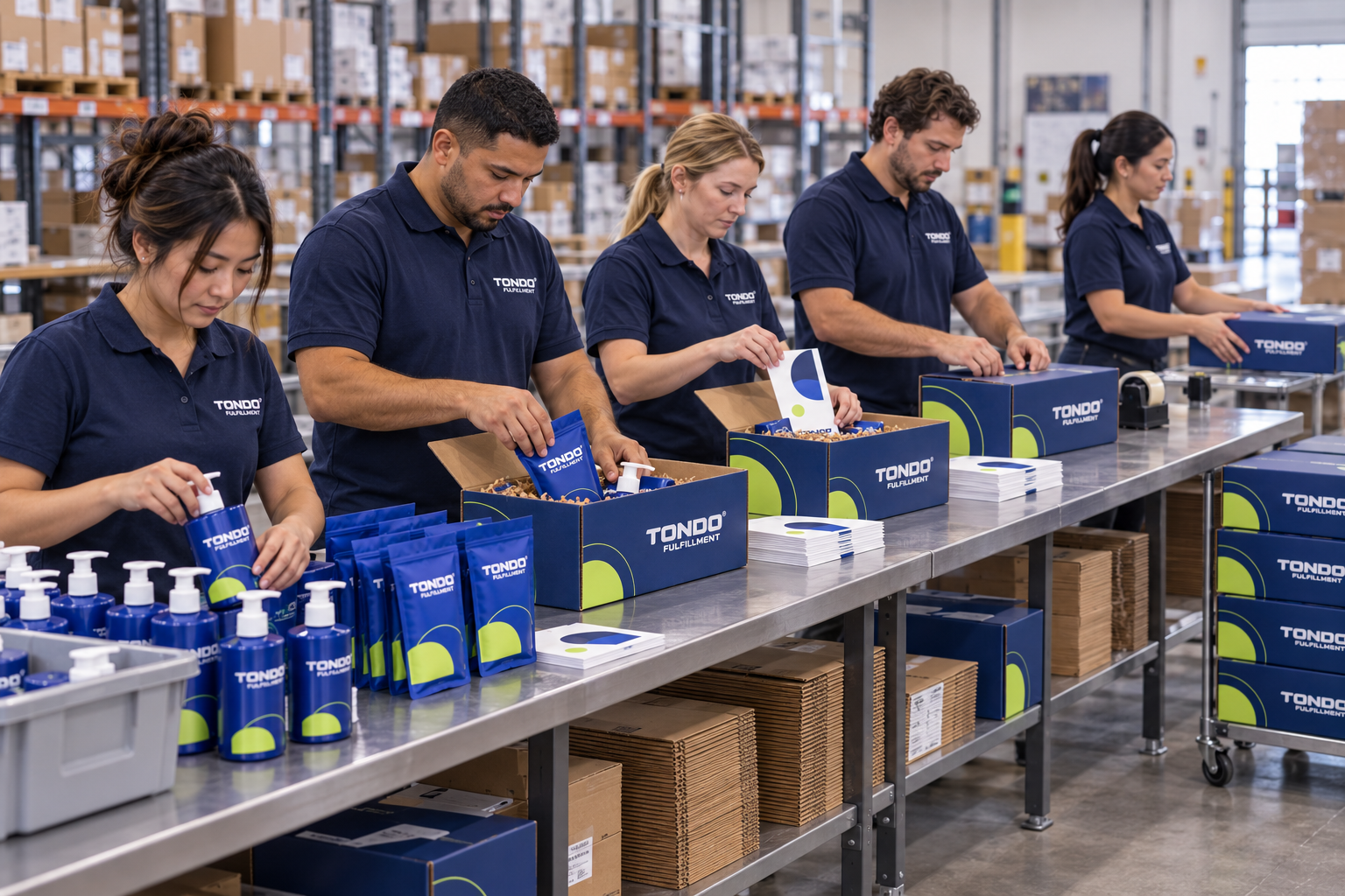 Illustrative assembly line of five people packing kits in Tondo Fulfillment shirts