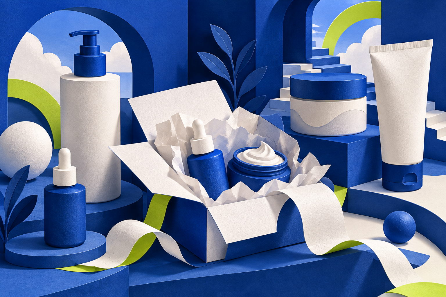 The beauty ecosystem: A dimensional paper composition brings personality to the product and parcel story.
