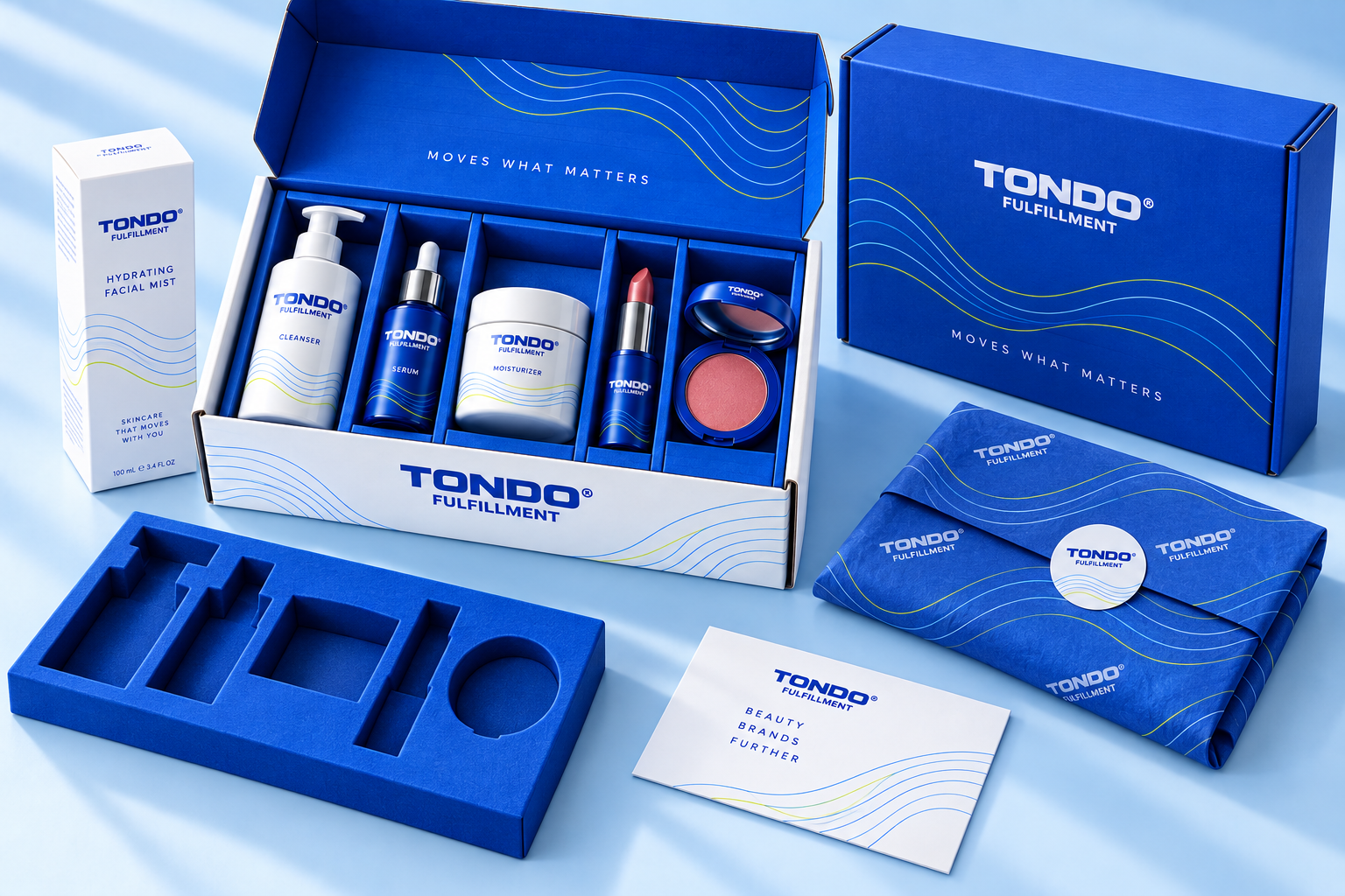 Tondo beauty and cosmetics packaging collection with a branded skincare kit, shipping box, fitted insert and tissue wrap