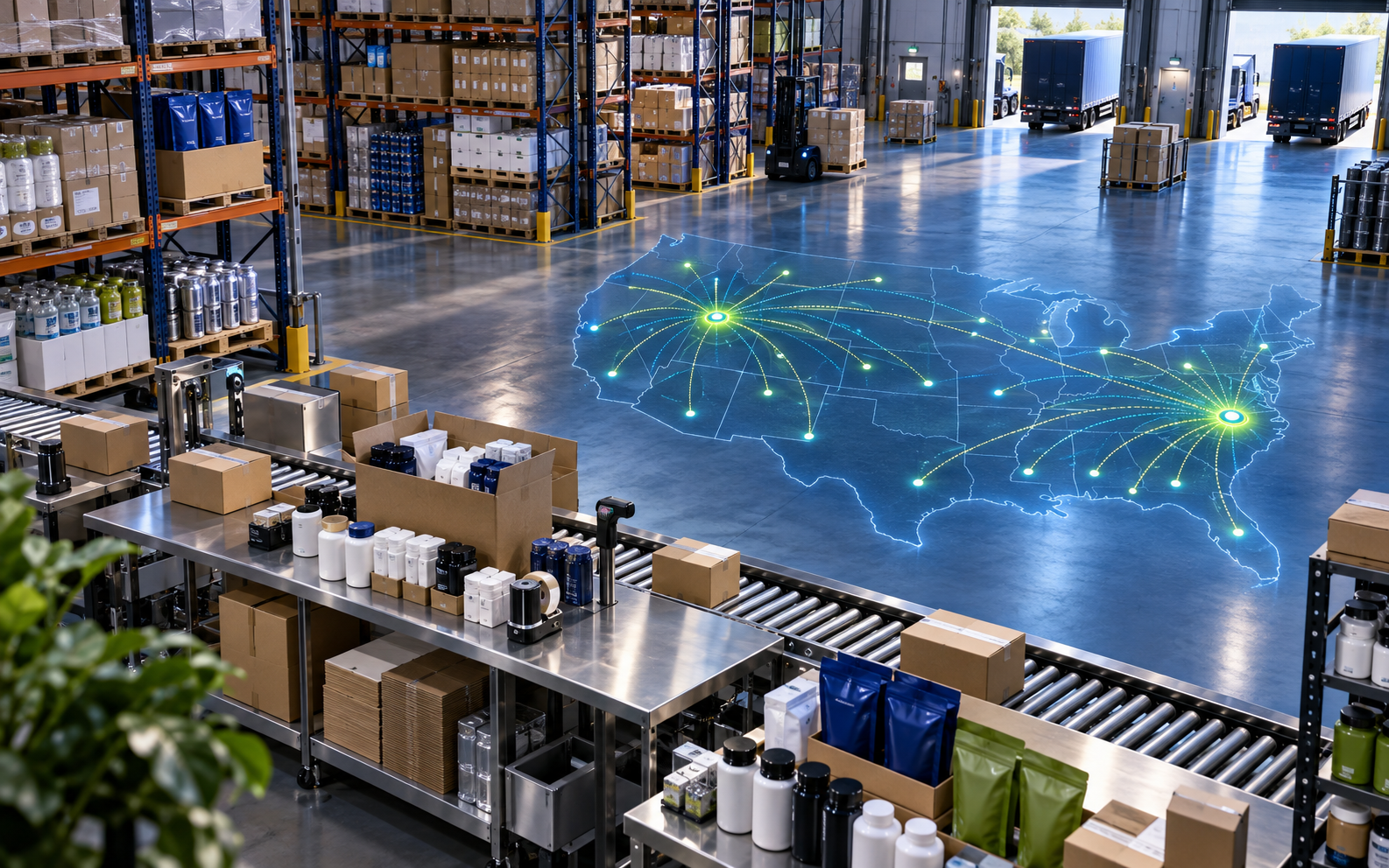 Modern CPG fulfillment operation with a nationwide distribution map projected onto the warehouse floor