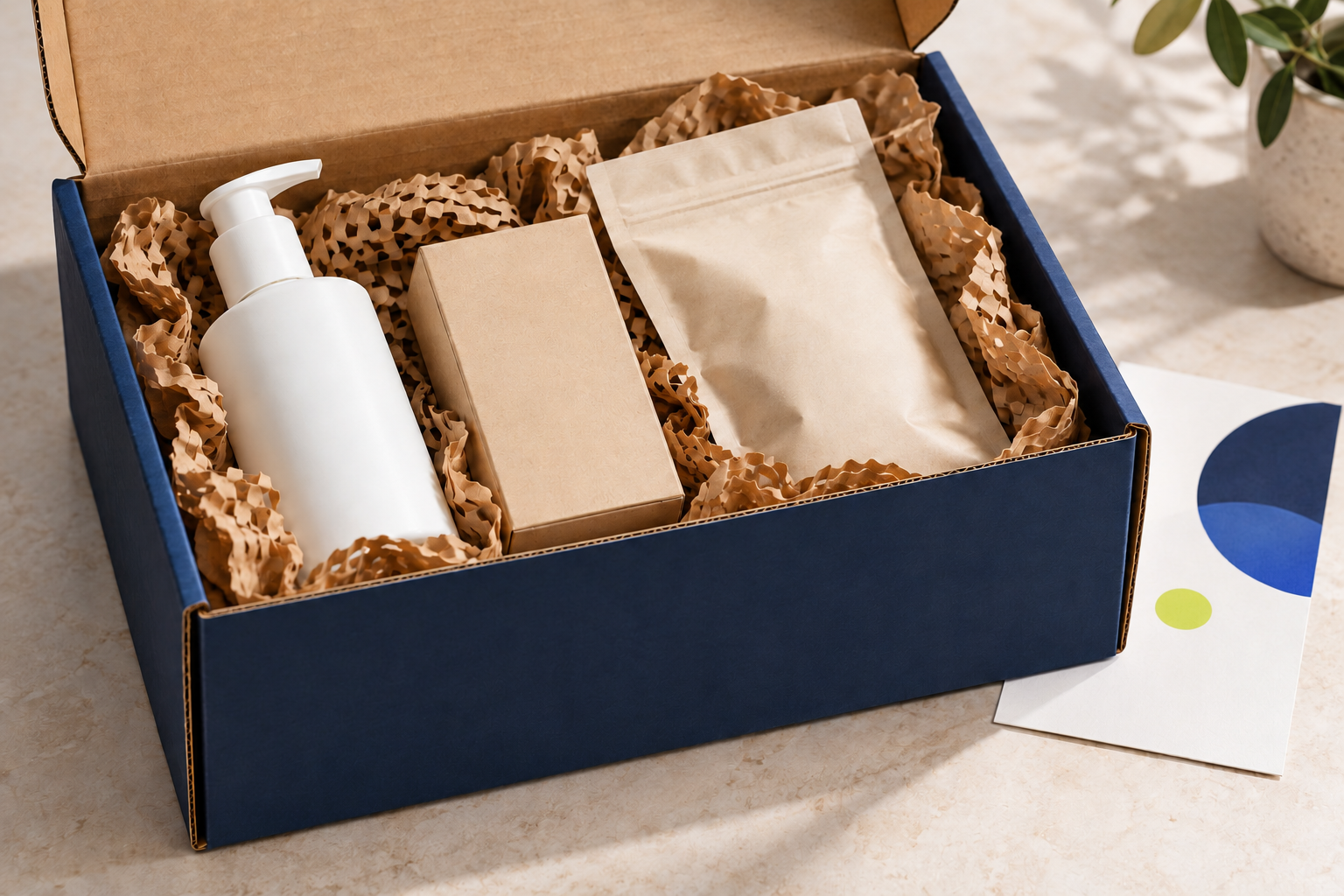 Illustrative Tondo ecommerce order with products, protective packaging and an insert