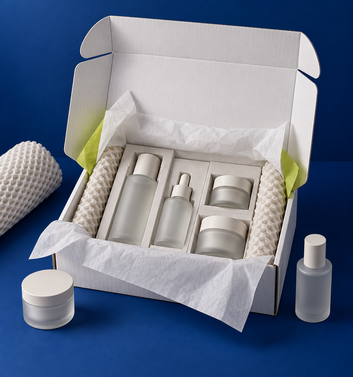 Premium skincare products secured inside a custom white shipping box with recyclable protective wrap