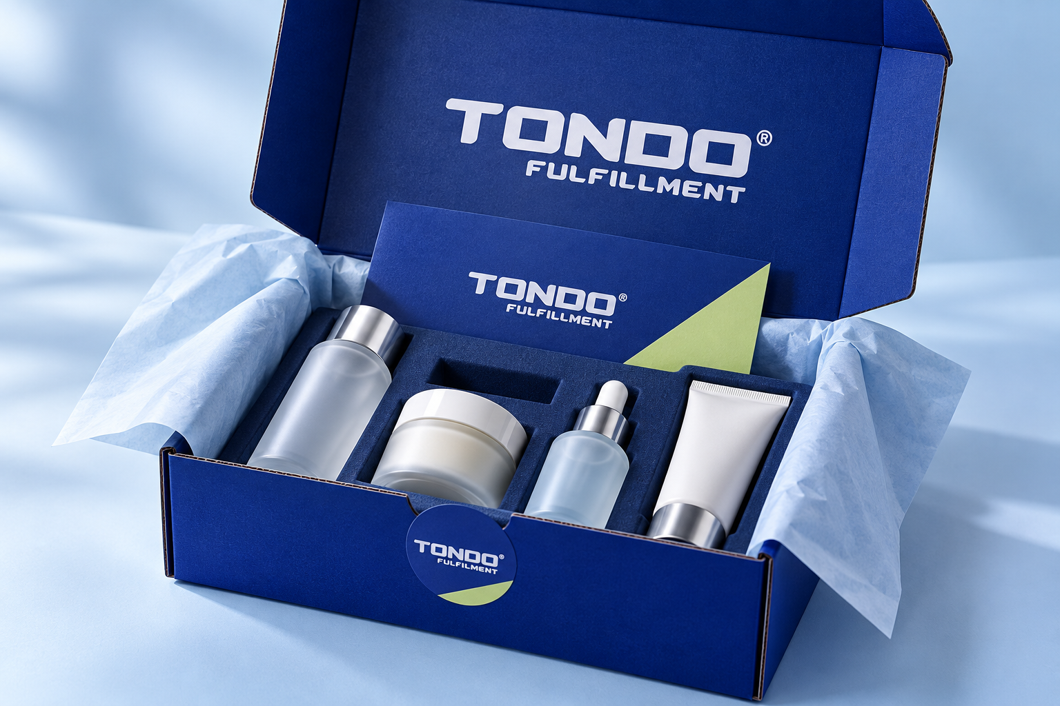 Tondo-branded beauty subscription box concept with skincare products and fitted compartments