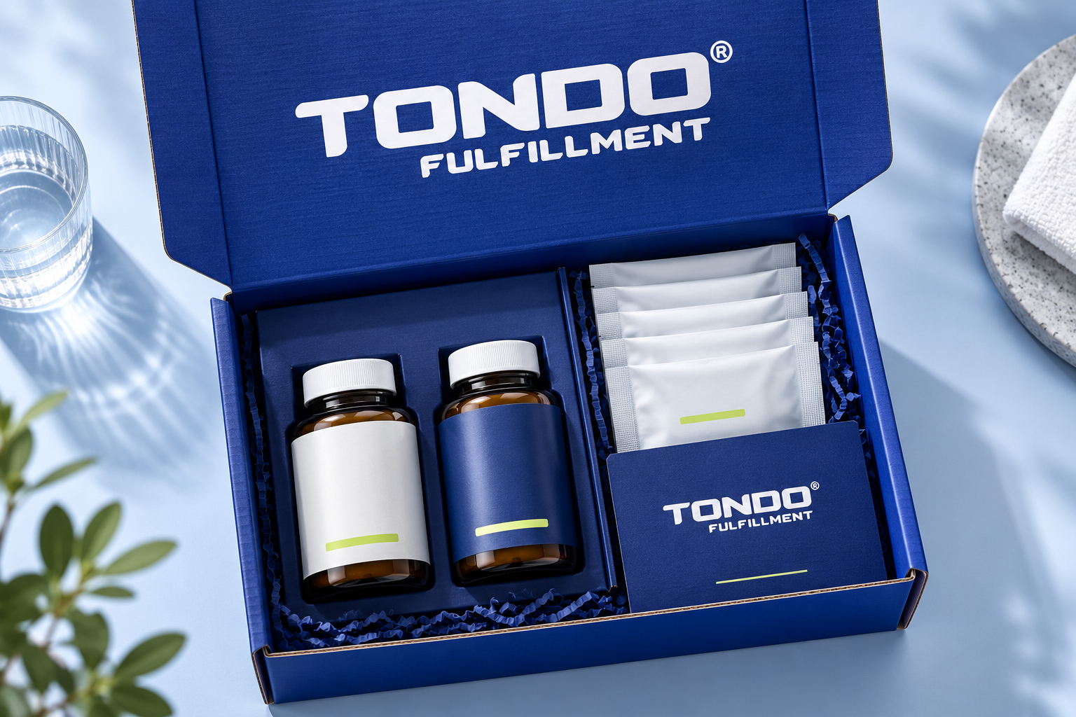Tondo-branded wellness replenishment box concept with bottles and daily sachets