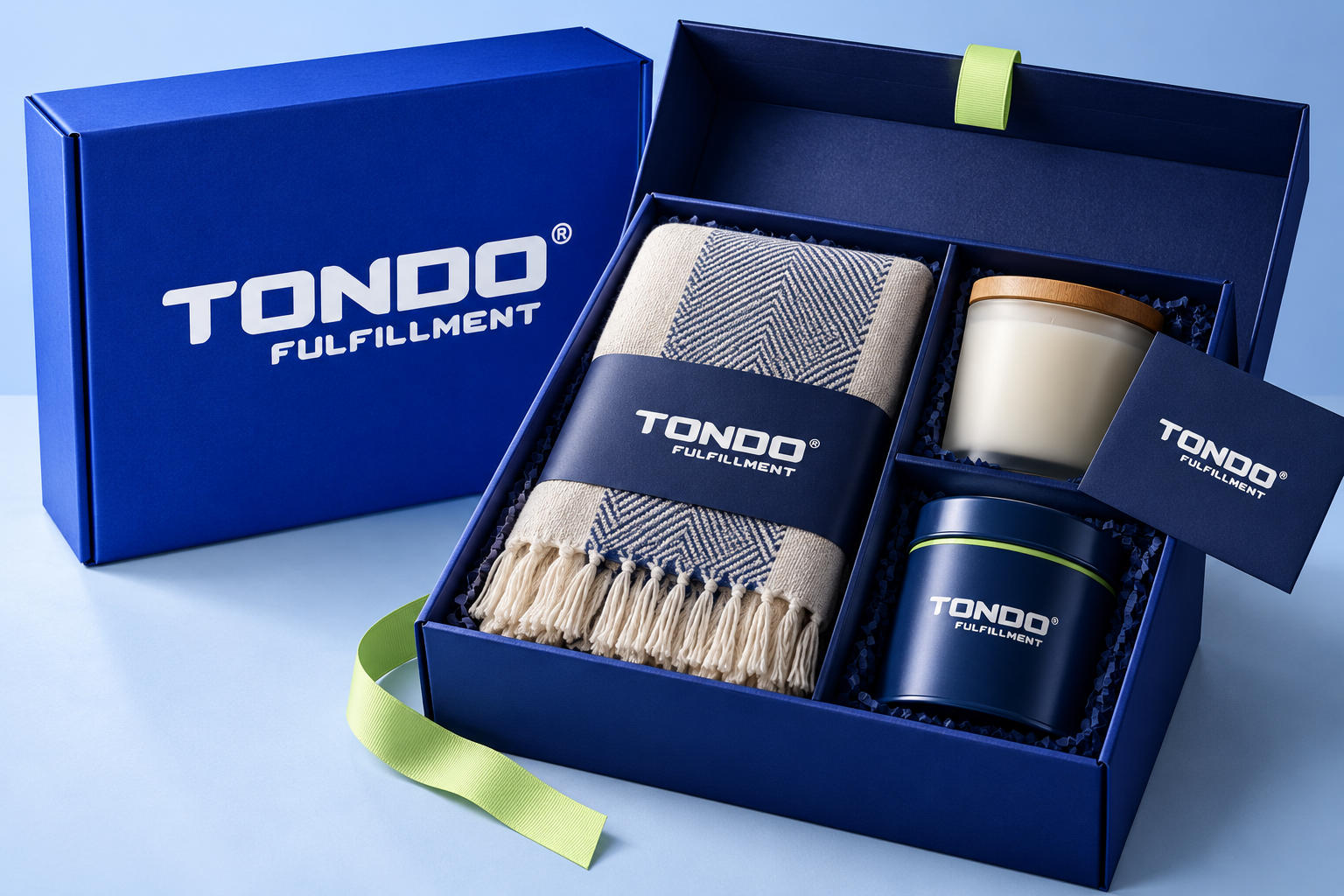 Tondo-branded curated gift box concept with candle, tea tin, textile and printed card