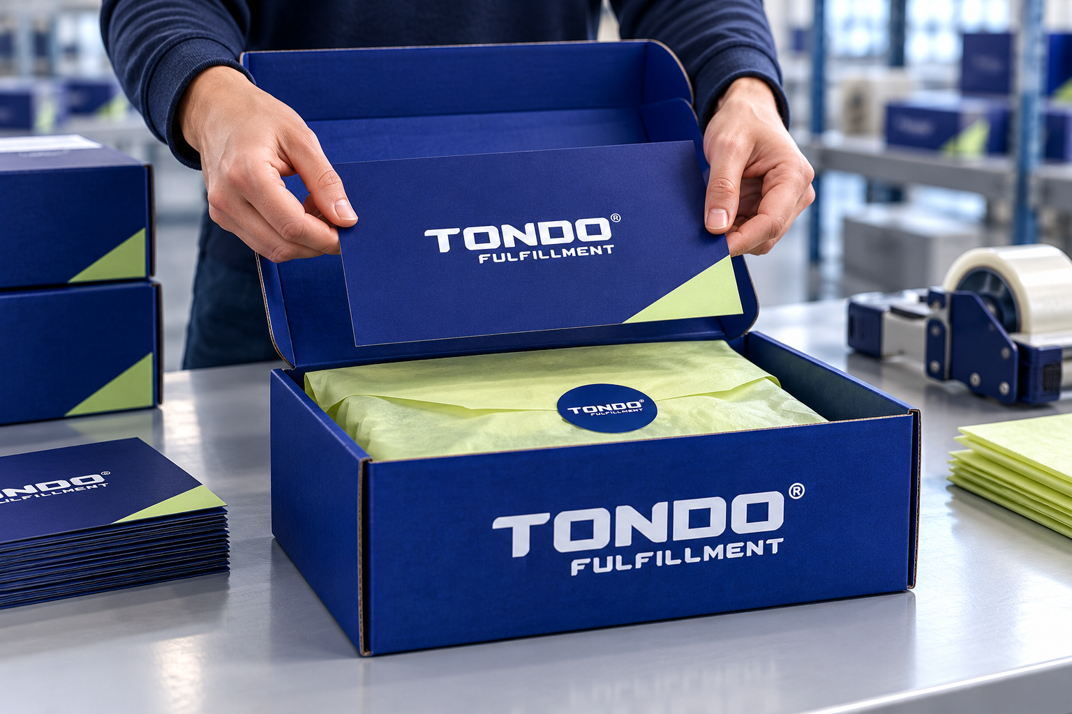 Illustrative subscription packout with hands placing a Tondo insert into a branded box