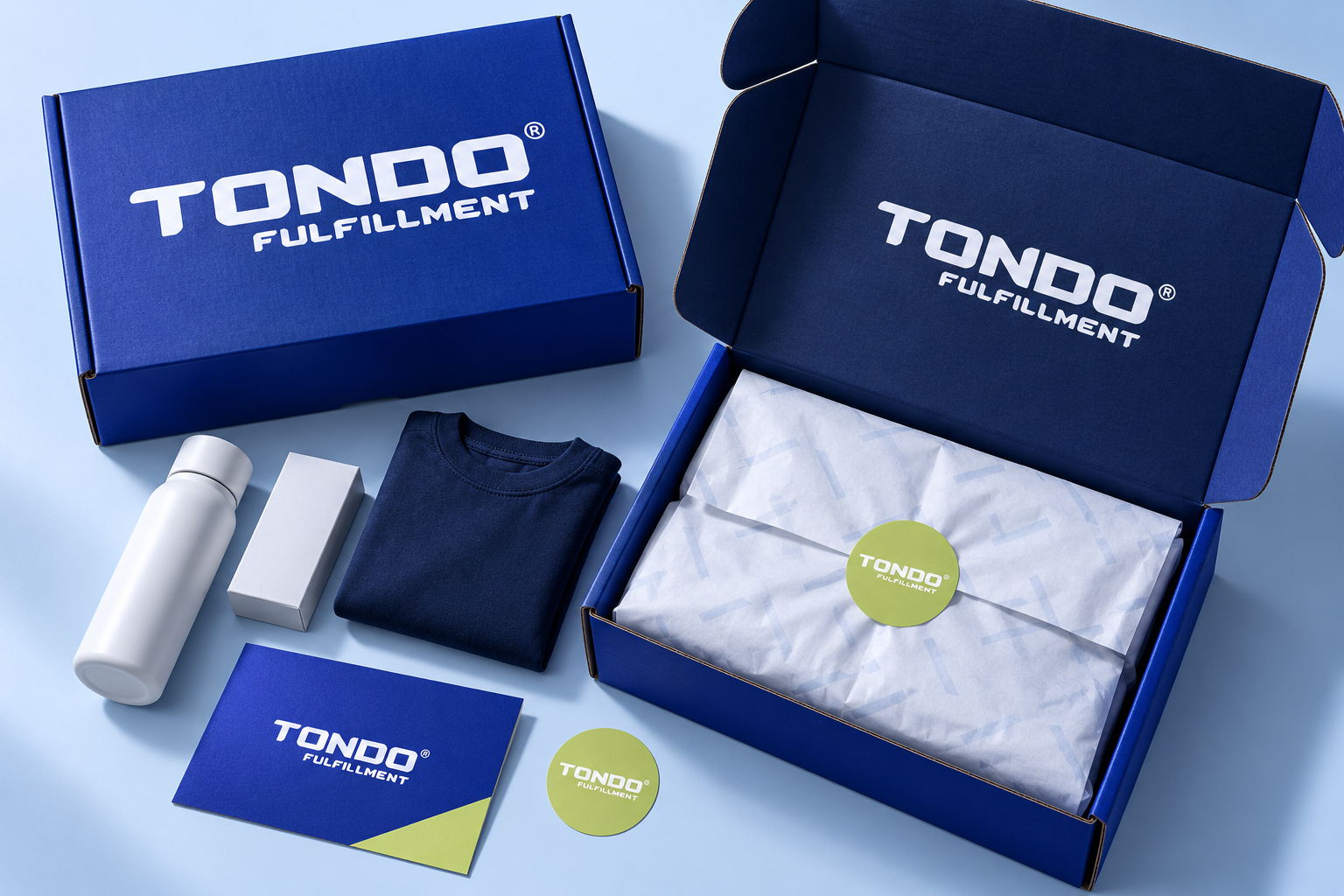 Tondo subscription packaging concept with box, products, tissue, card and sealing stickers