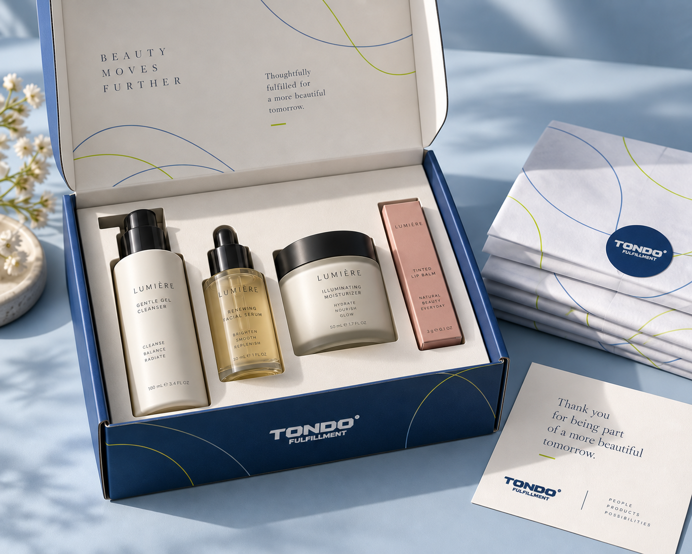 Illustrative Tondo branded subscription kit with fitted products, tissue and a printed insert