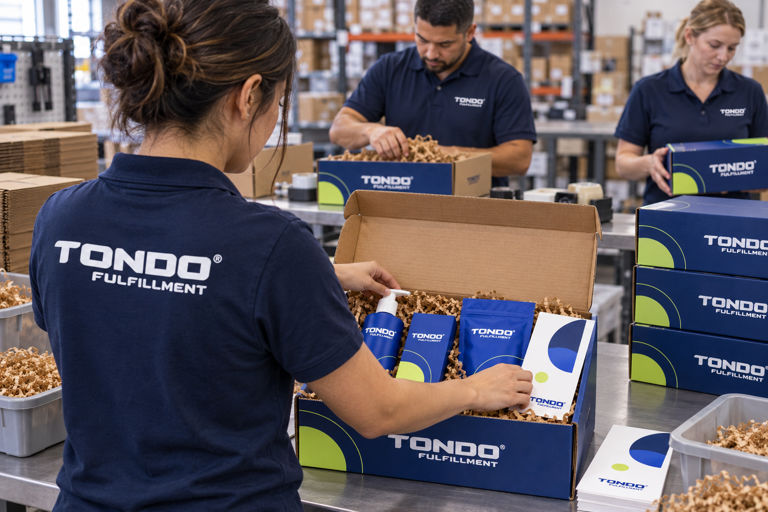 Illustrative assembly scene showing people packing kits in Tondo Fulfillment shirts