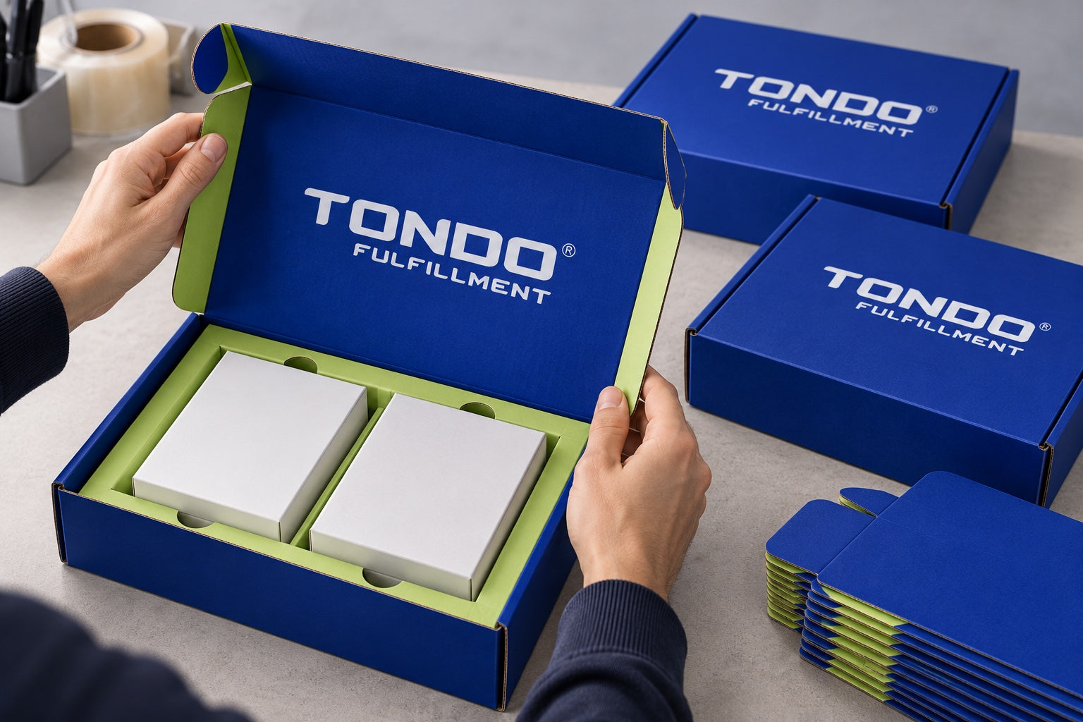 Hands assembling a Tondo mailer with fitted insert at a packing bench